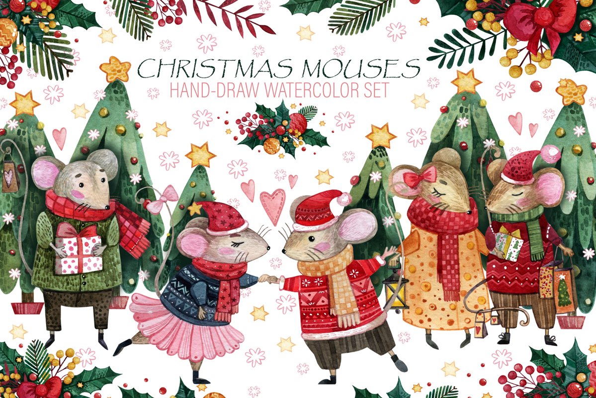 Christmas mouses watercolor collection example image 1