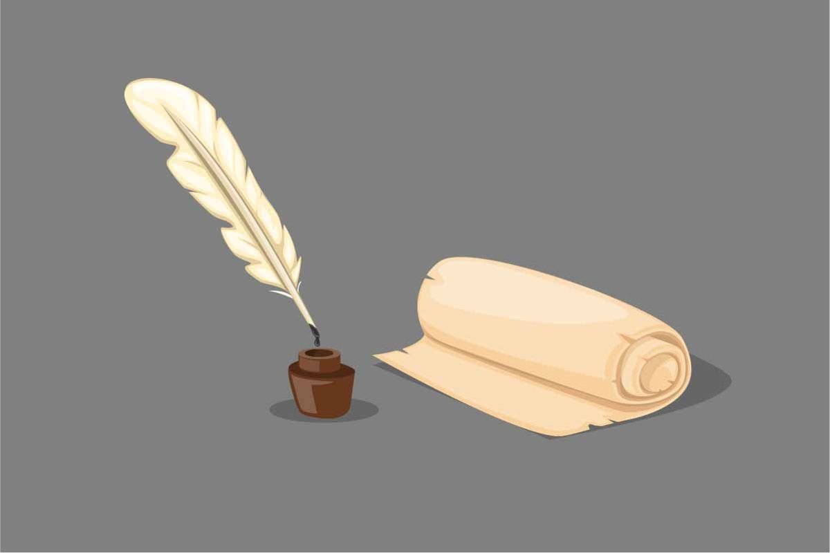 Pen Feather Paper Scroll and ink Well Vintage Writing Tools example image 1