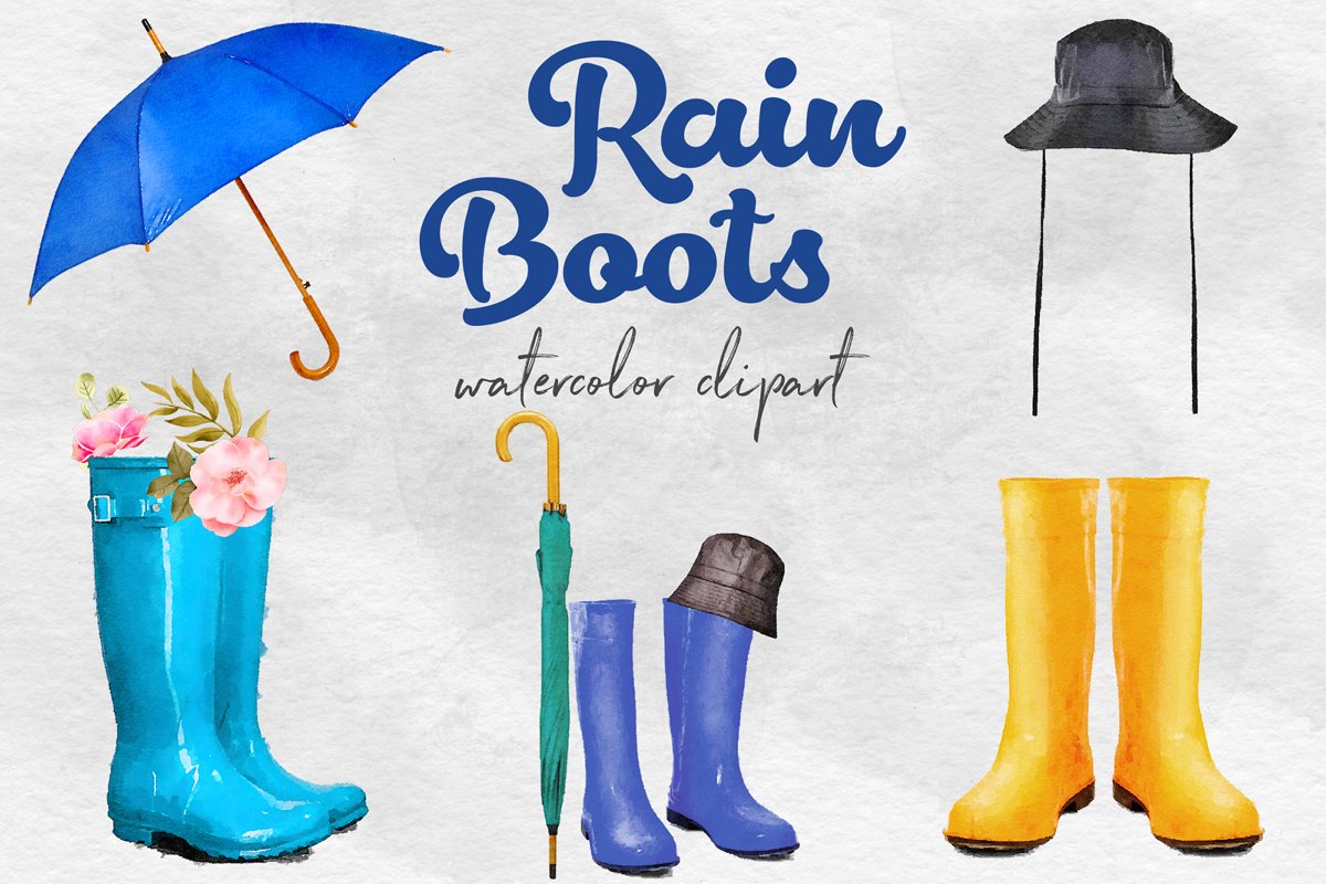 Watercolor Rain Boots Clipart, Wellington Boots example image 1