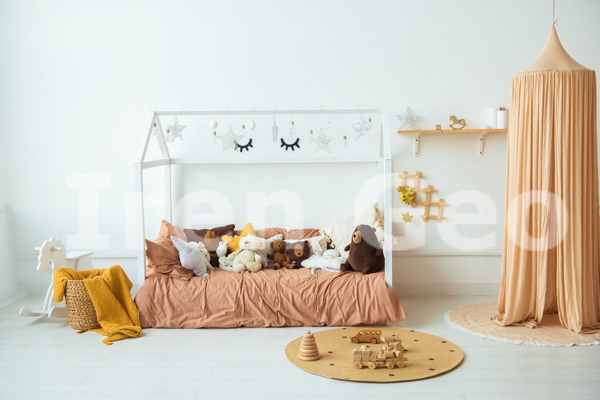 Interior of the children's room. Soft bed and lots of toys example image 1