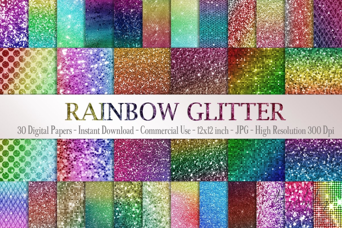 30 Rainbow Shimmering Fairy Unicorn Glitter Digital Papers example image 1