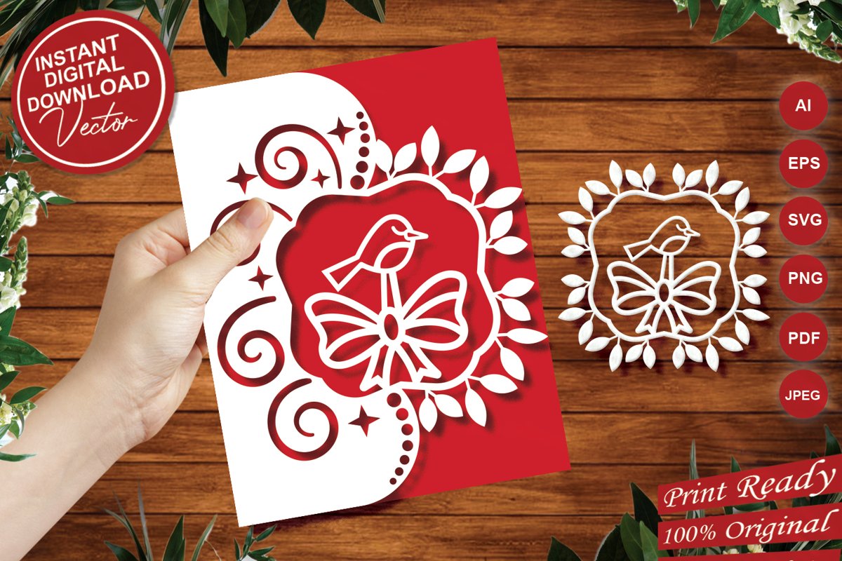 Papercut Cute Bird Invitation Card Cover with Spiral and Bow example image 1