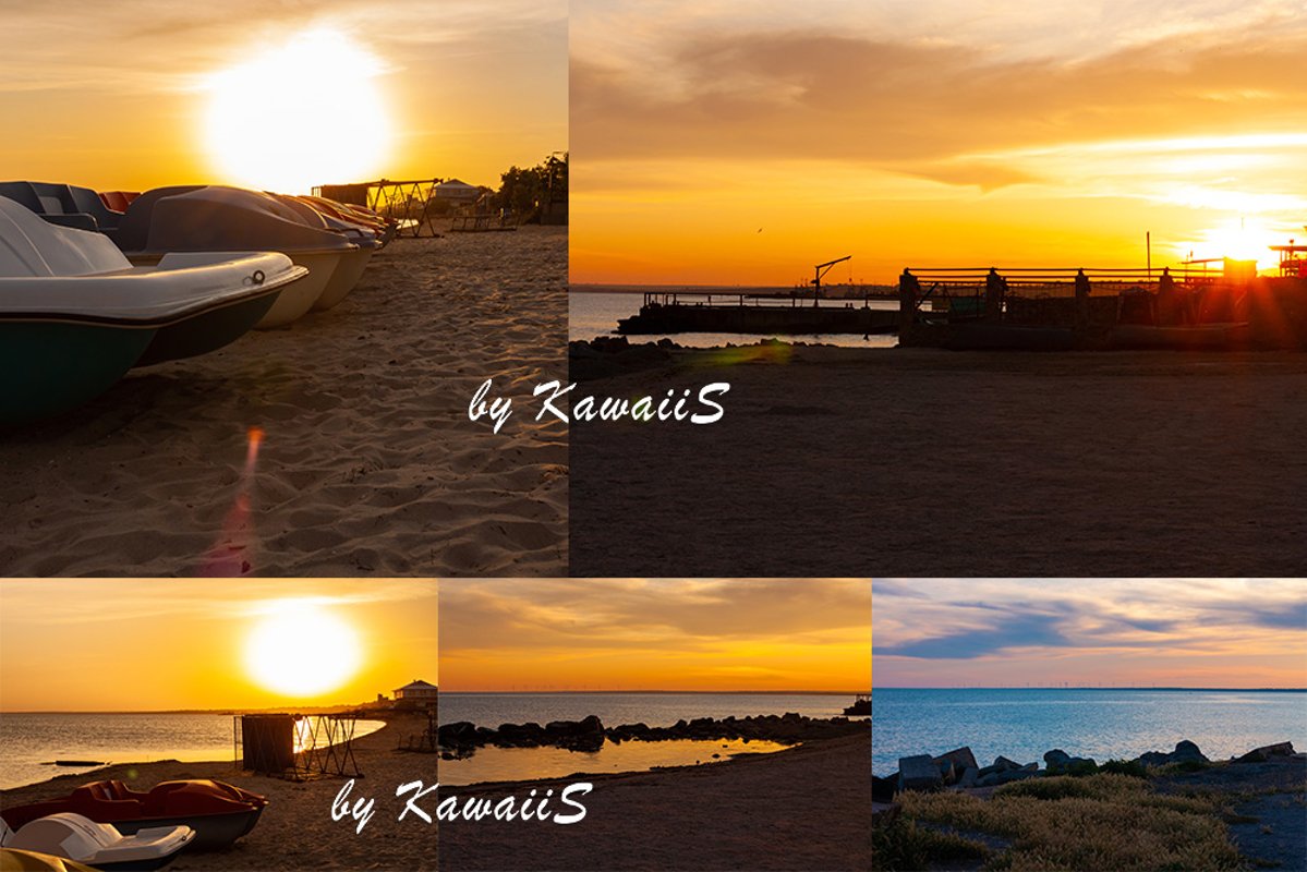 Colorful sunset on empty sea beach with sport catamarans example image 1