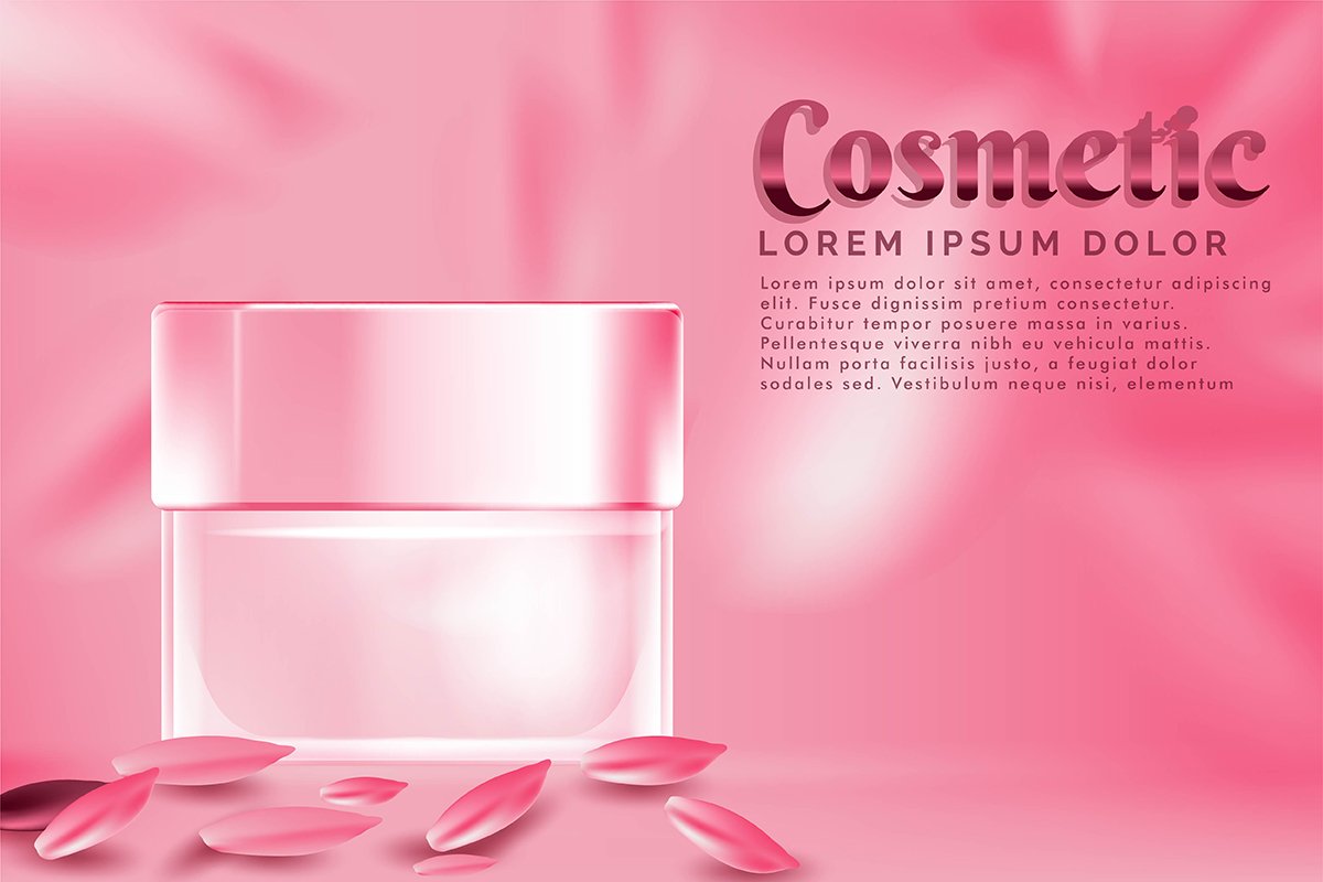 cream jar cosmetic products ad, with pink petal rose backgro example image 1