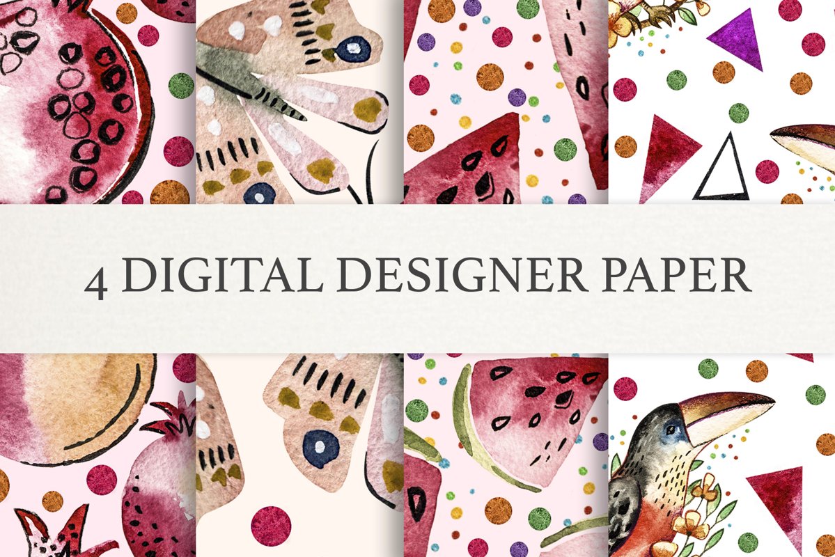 Watercolor Summer Digital Paper, Scrapbook Papers example image 1