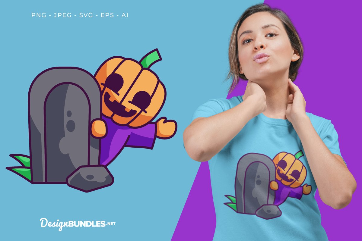 A Pumpkin Behind The Grave Vector Illustration For T-Shirt example image 1