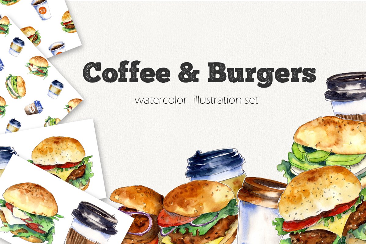 "Coffee&Burgers" Watercolor set example image 1