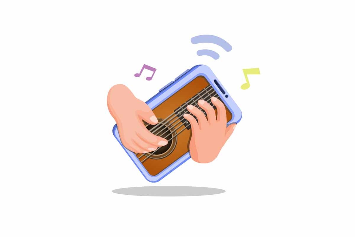 Hand playing guitar on smartphone. virtual music instrument example image 1