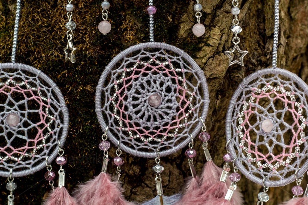Dream catcher with feathers threads and beads rope hanging example image 1
