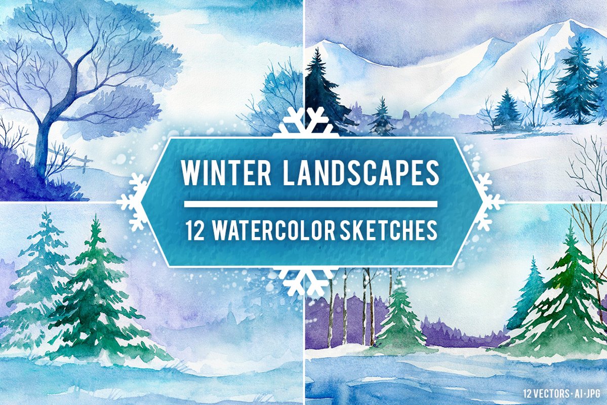 Winter Landscapes. Watercolor. example image 1