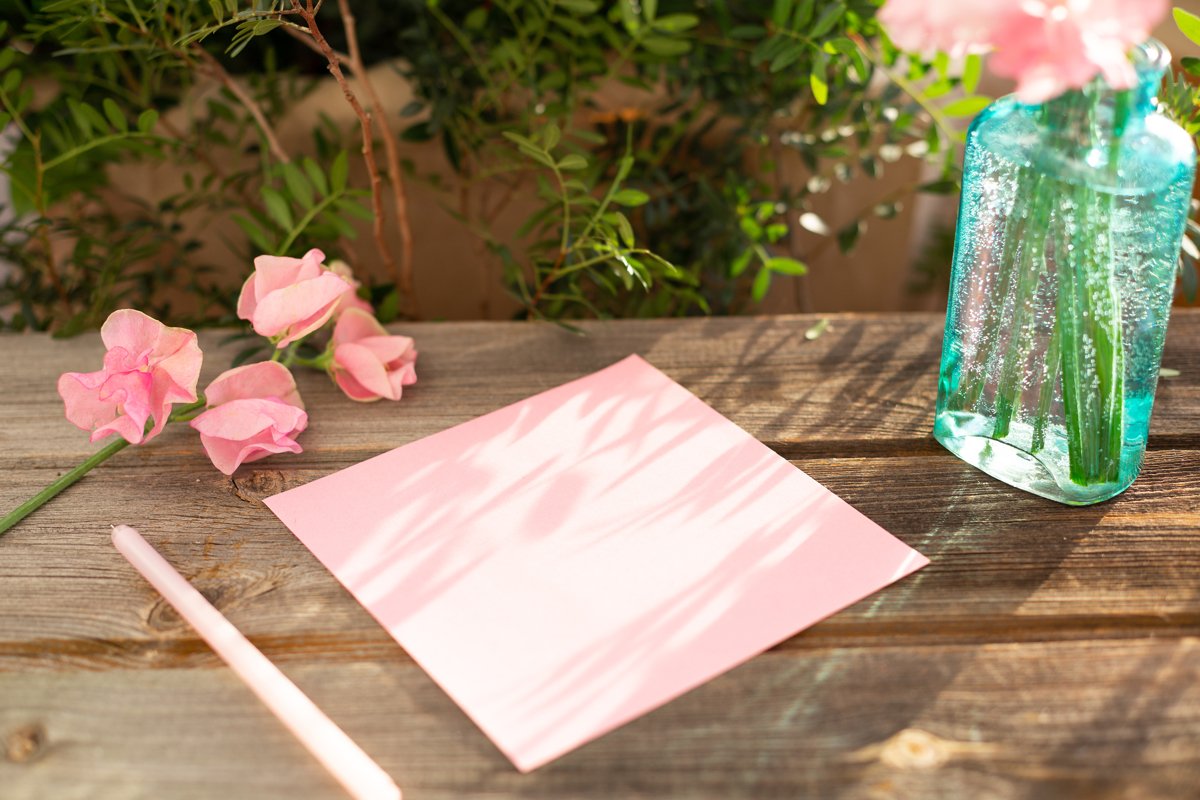 Pink sweet peas Lathyrus flowers in vase.Pen,note list, love example image 1