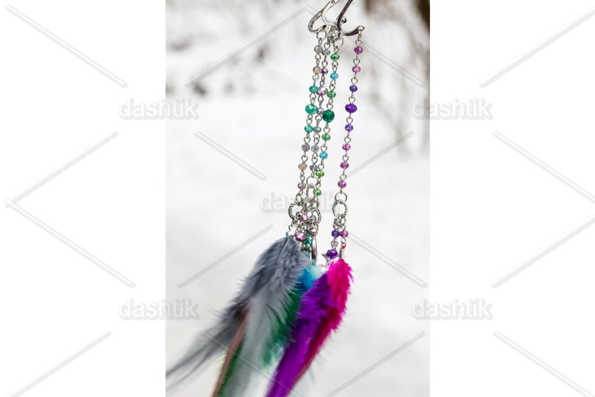 Dream catcher with feathers threads and beads rope hanging example image 1