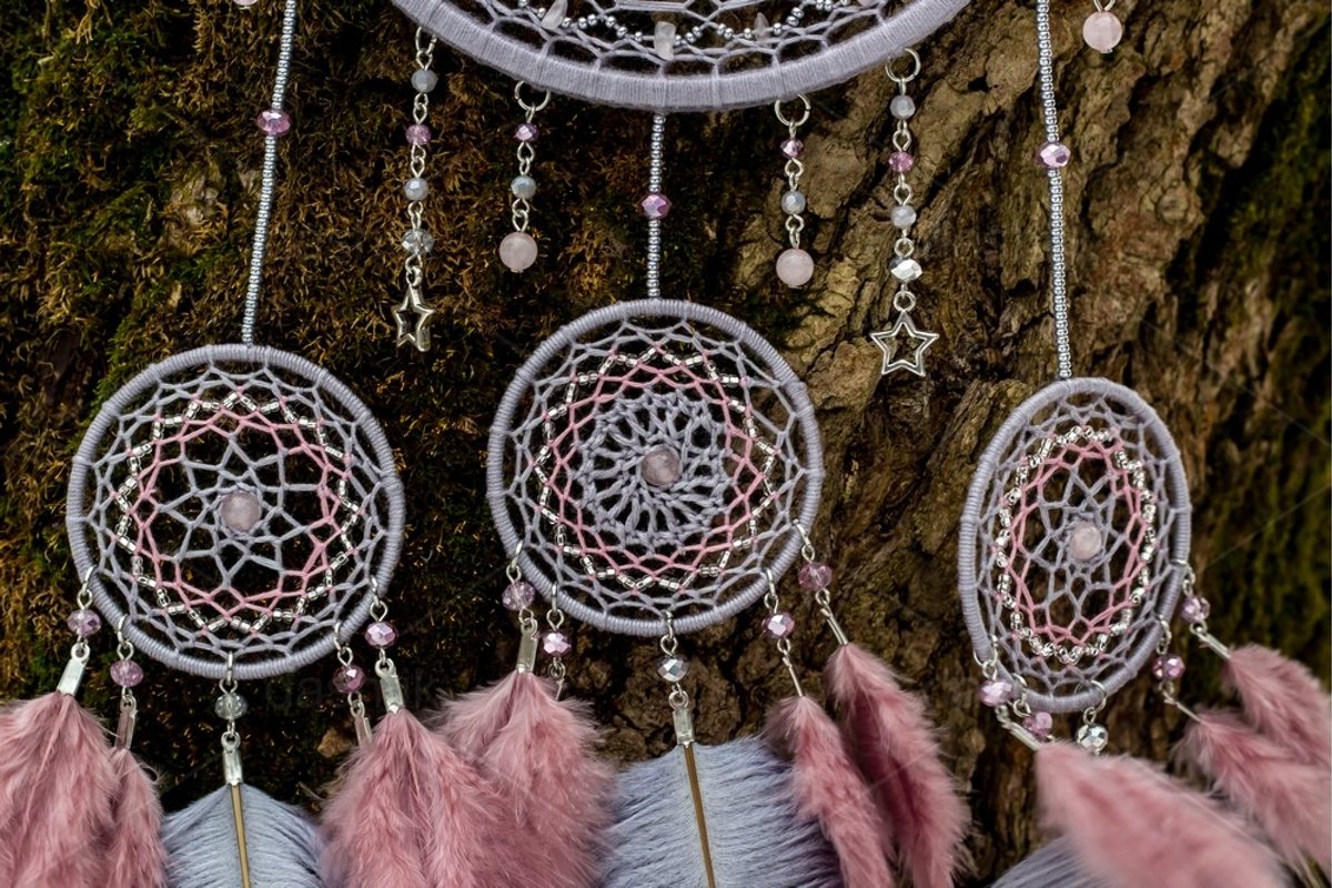 Dream catcher with feathers threads and beads rope hanging example image 1