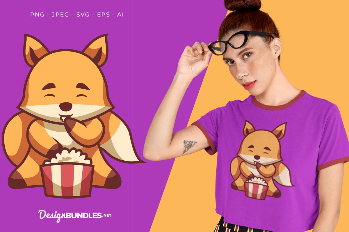 Fox Eats Popcorn Vector Illustration For T-Shirt Design example image 1