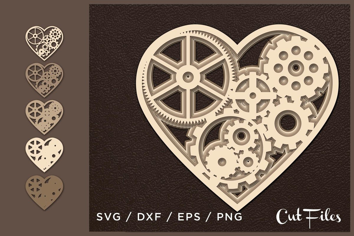Heart SVG, Cut file Heart, Cut multilayer, 3D, Gears heart example image 1