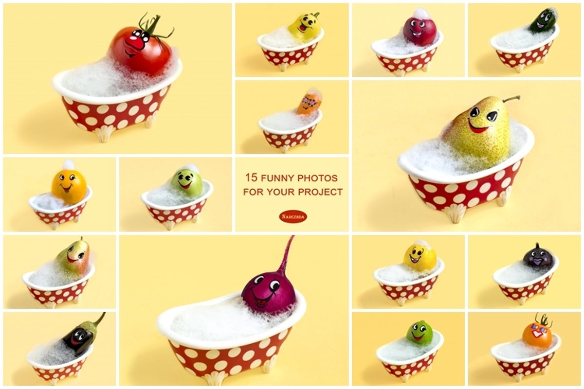 Fruits and vegetables in bath with soapy foam example image 1