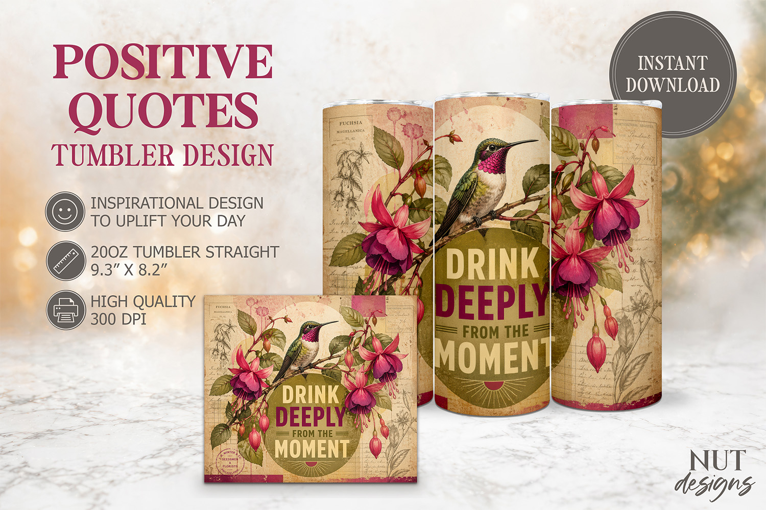Vintage Hummingbird Fuchsia Tumbler Inspirational quotes product image 1