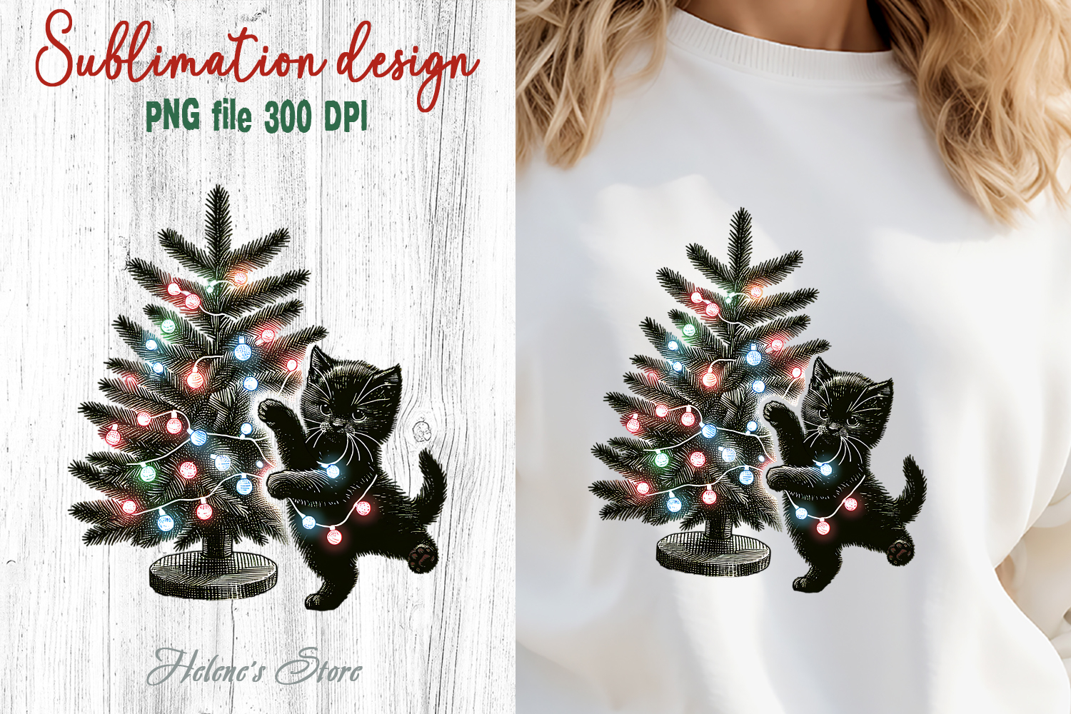 Christmas lights & black cat clipart| Winter t shirt designs product image 1