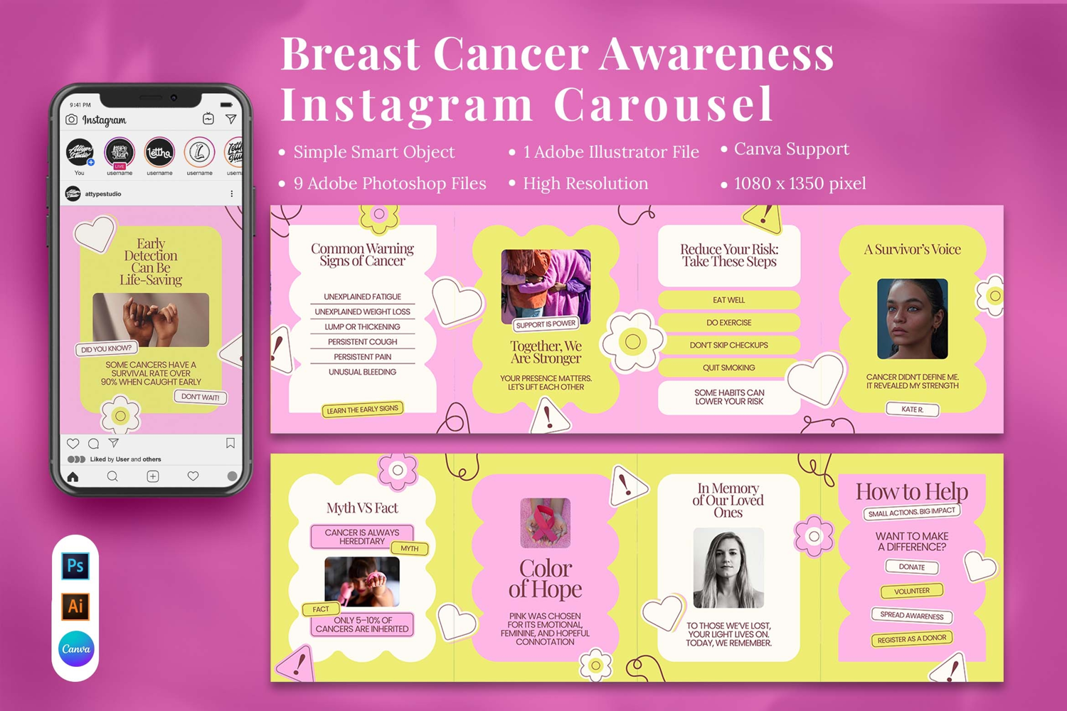 Breast Cancer Awareness Instagram Carousel & Canva Template product image 1