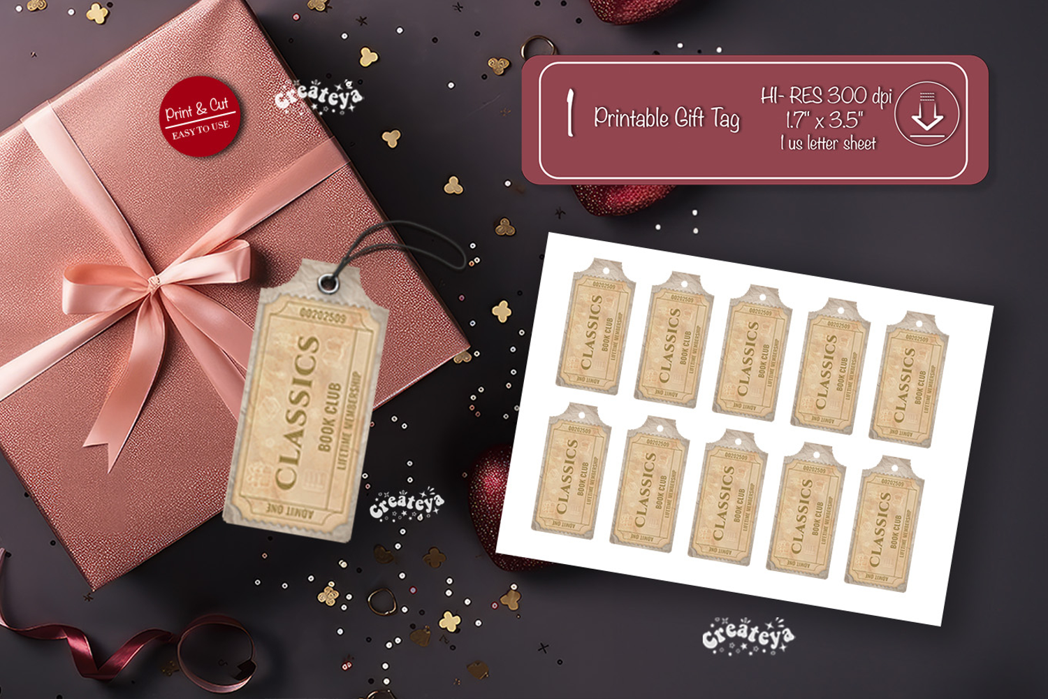 Printable Book Club Ticket Gift Tags Vintage Genre Tags png product image 1
