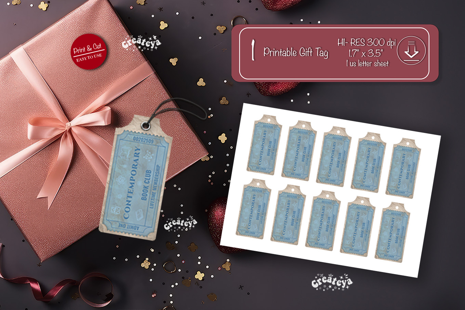 Printable Book Club Ticket Gift Tags Vintage Genre Tags png product image 1
