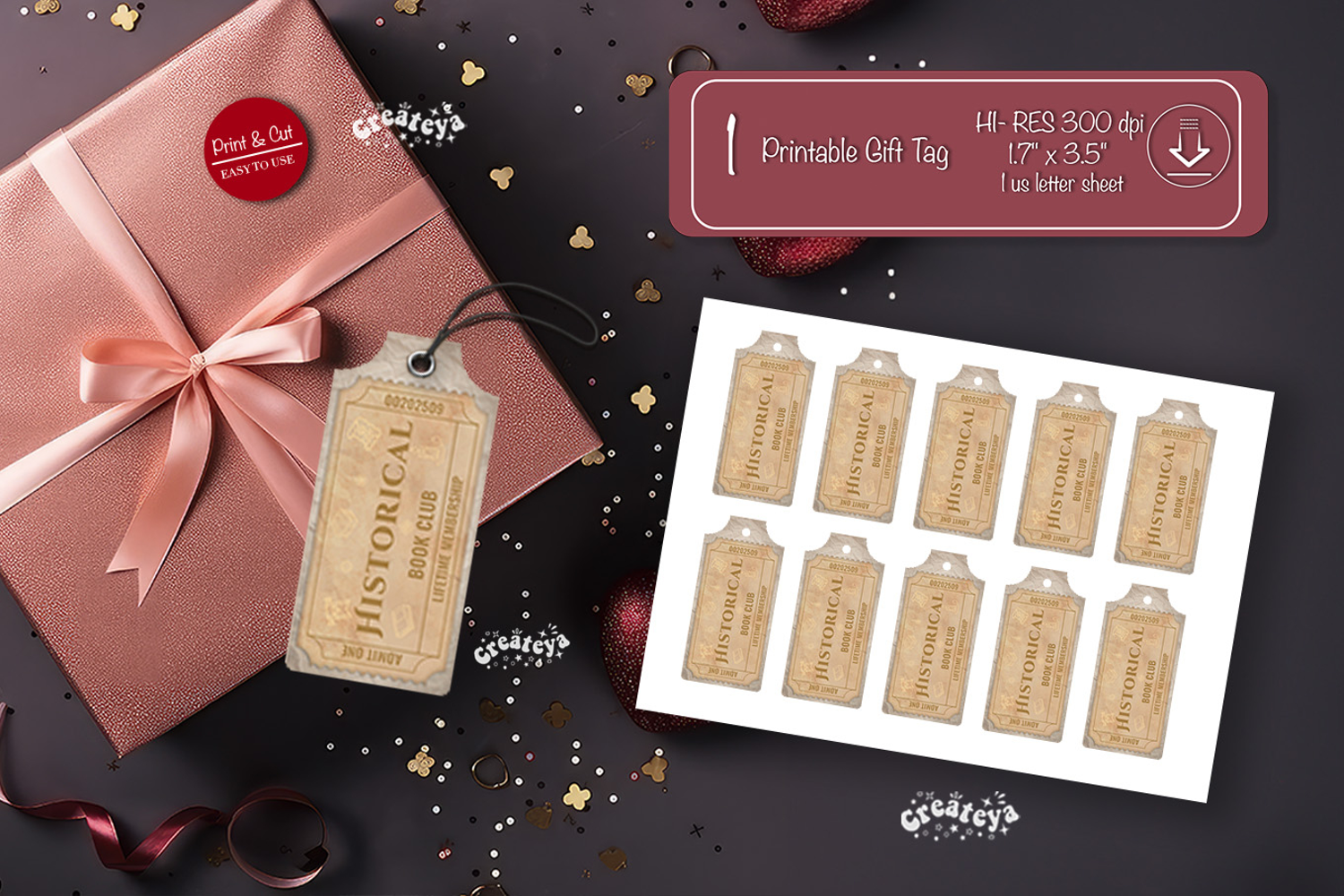 Printable Book Club Ticket Gift Tags Vintage Genre Tags png product image 1