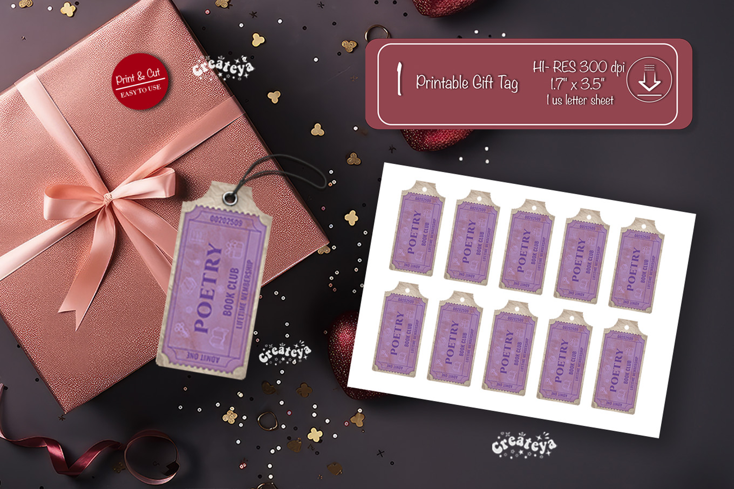 Printable Book Club Ticket Gift Tags Vintage Genre Tags png product image 1