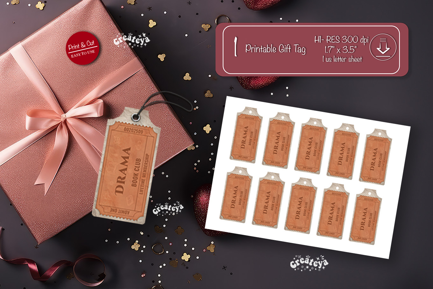 Printable Book Club Ticket Gift Tags Vintage Genre Tags png product image 1