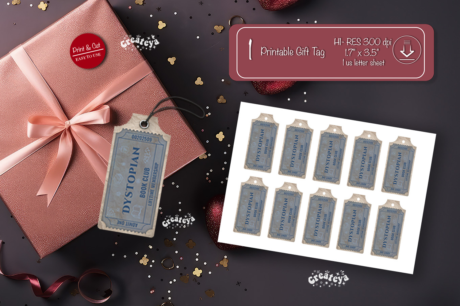 Printable Book Club Ticket Gift Tags Vintage Genre Tags png product image 1