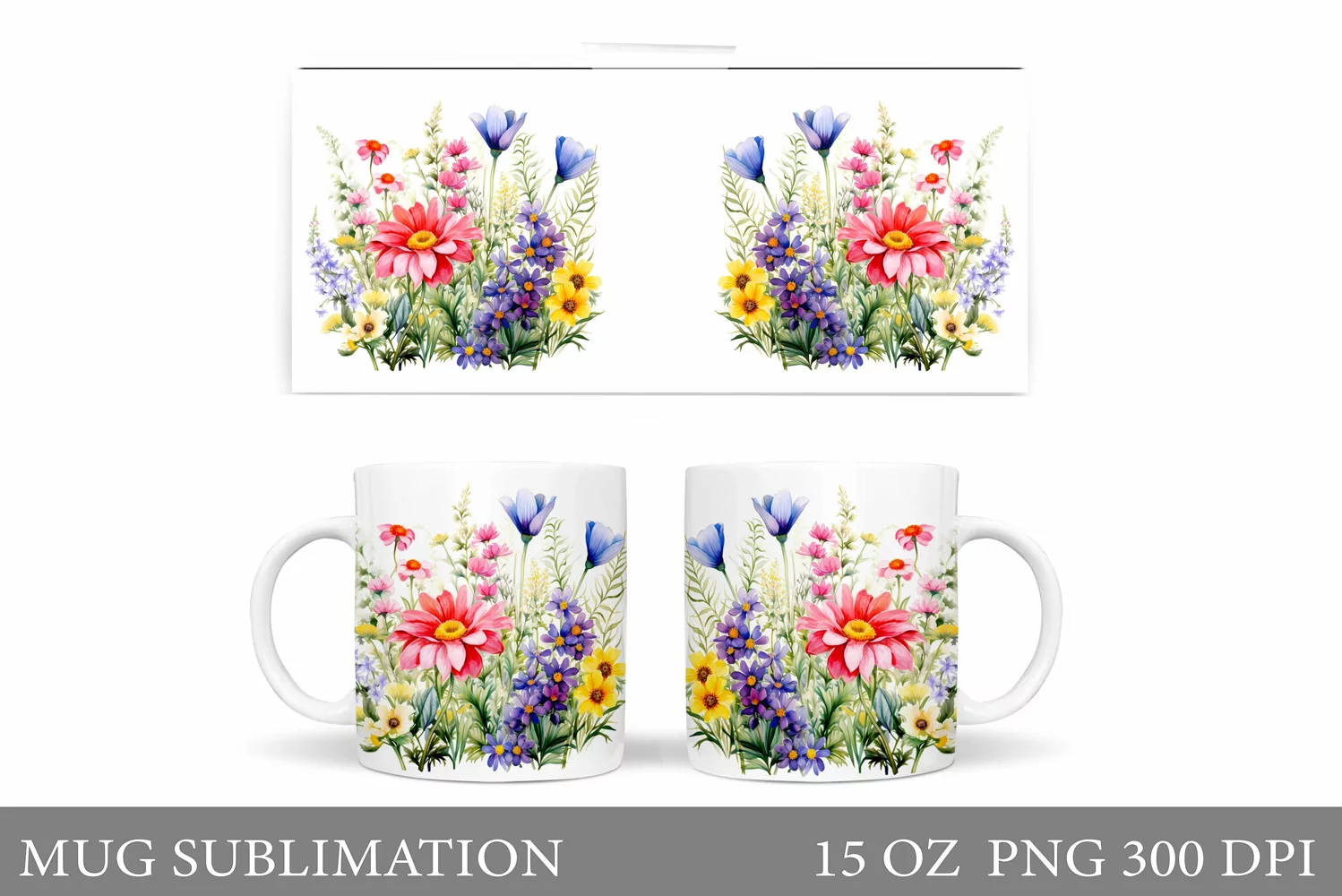 Wildflowers Mug Sublimation. Flowers Mug Wrap Design product image 1