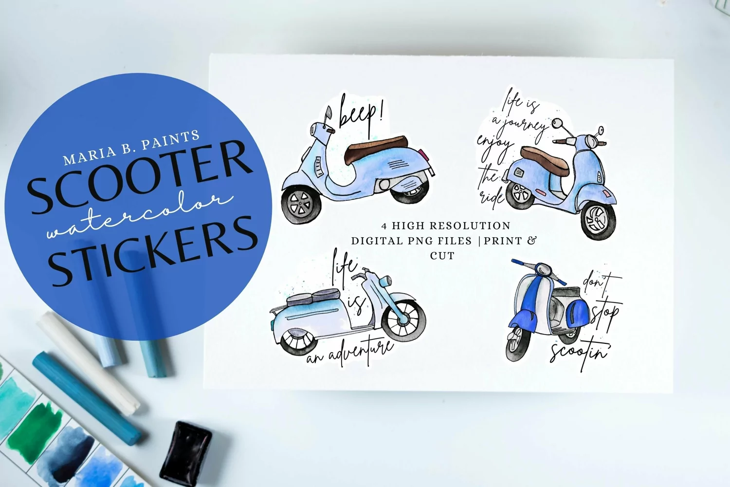 Blue Scooter Stickers PNG Moped Printable Planner Sub product image 1