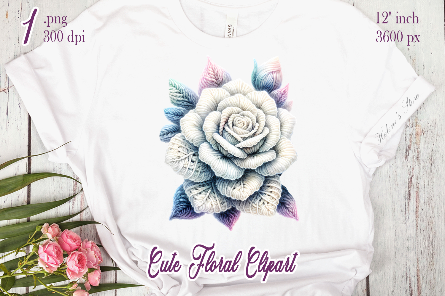 Yarn crochet white roses clipart| Amazing knitted flower png product image 1