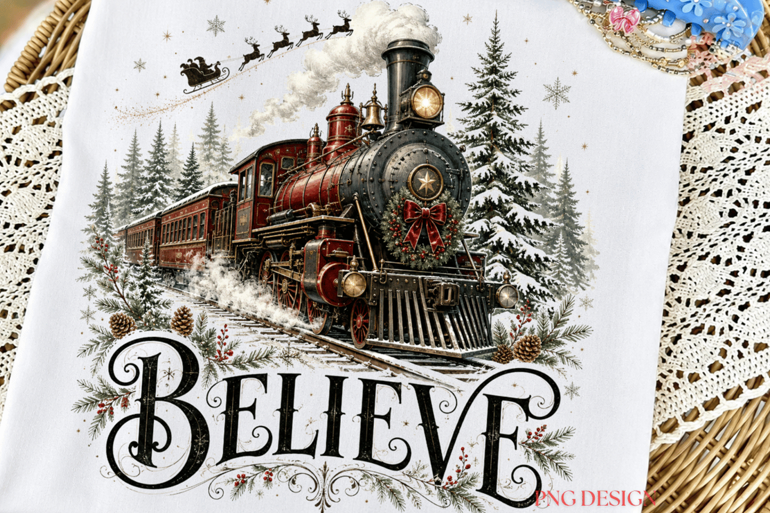 Believe Christmas Train PNG, Vintage Christmas Sublimation, product image 1