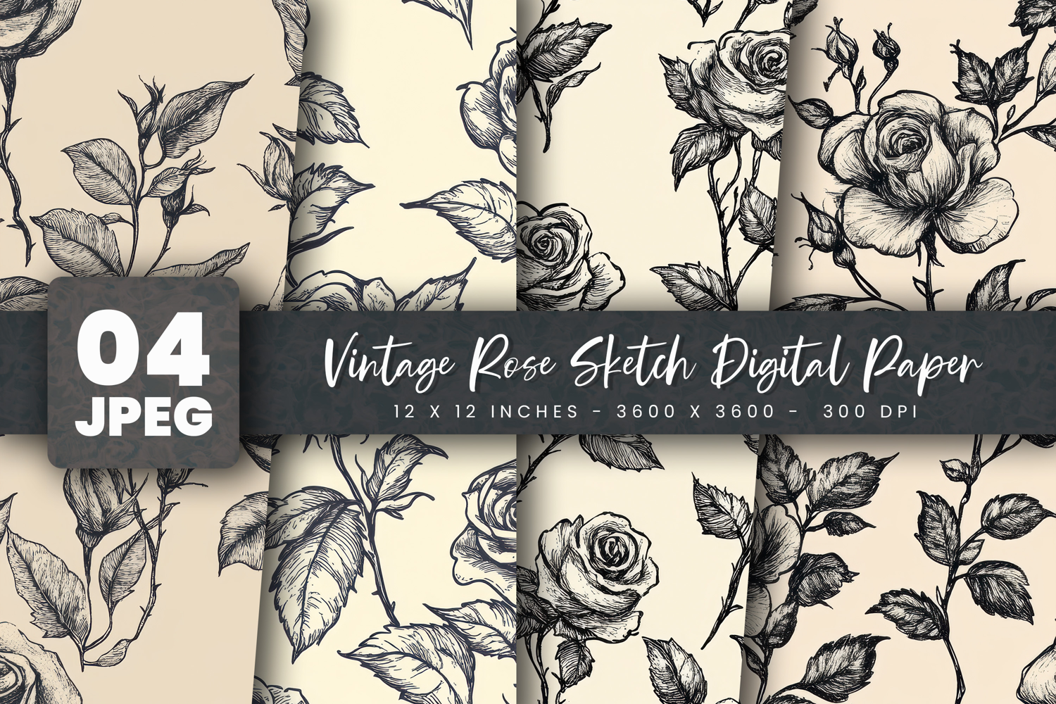 Vintage Rose Sketch Digital Paper product image 1