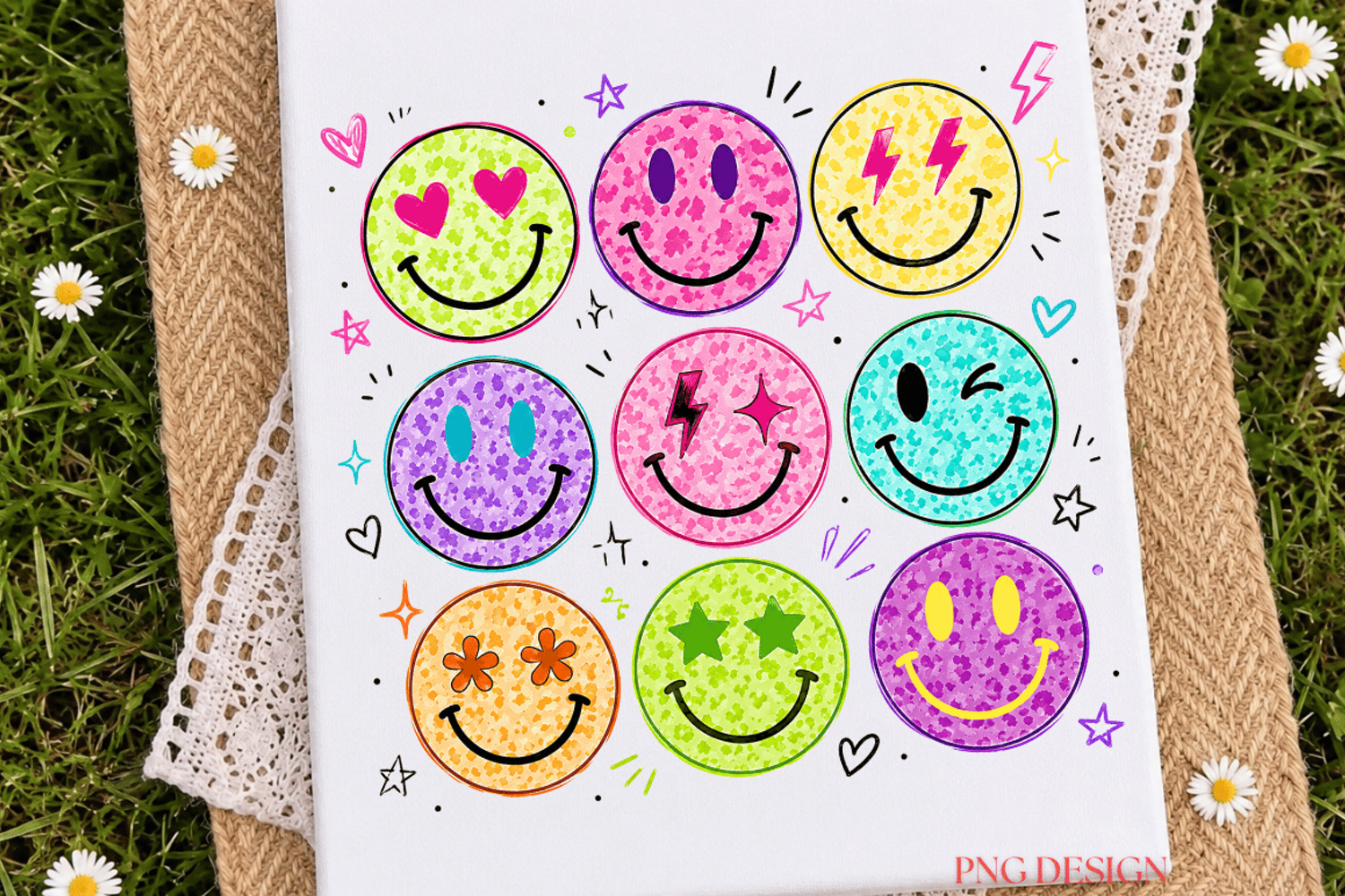Colorful Smiley Faces PNG, Retro Happy Face Sublimation product image 1