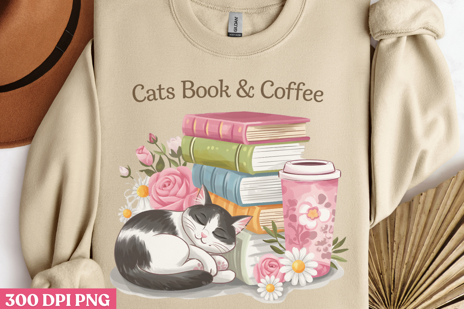 Cats, book & coffee PNG, Reading Book Sublimation PNG product image 1