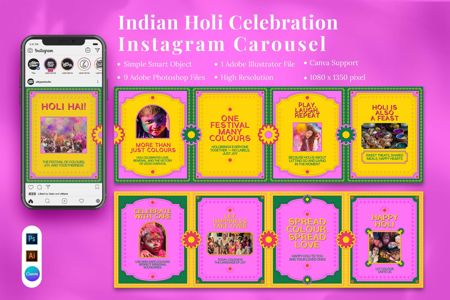 Indian Holi Celebration Instagram Carousel & Canva Template product image 1