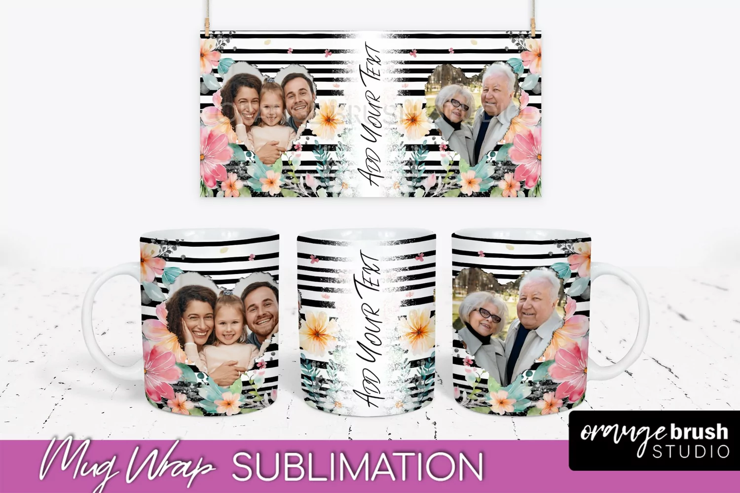 Add Your Photo Mug Wrap -Floral Mug Sublimation Design product image 1