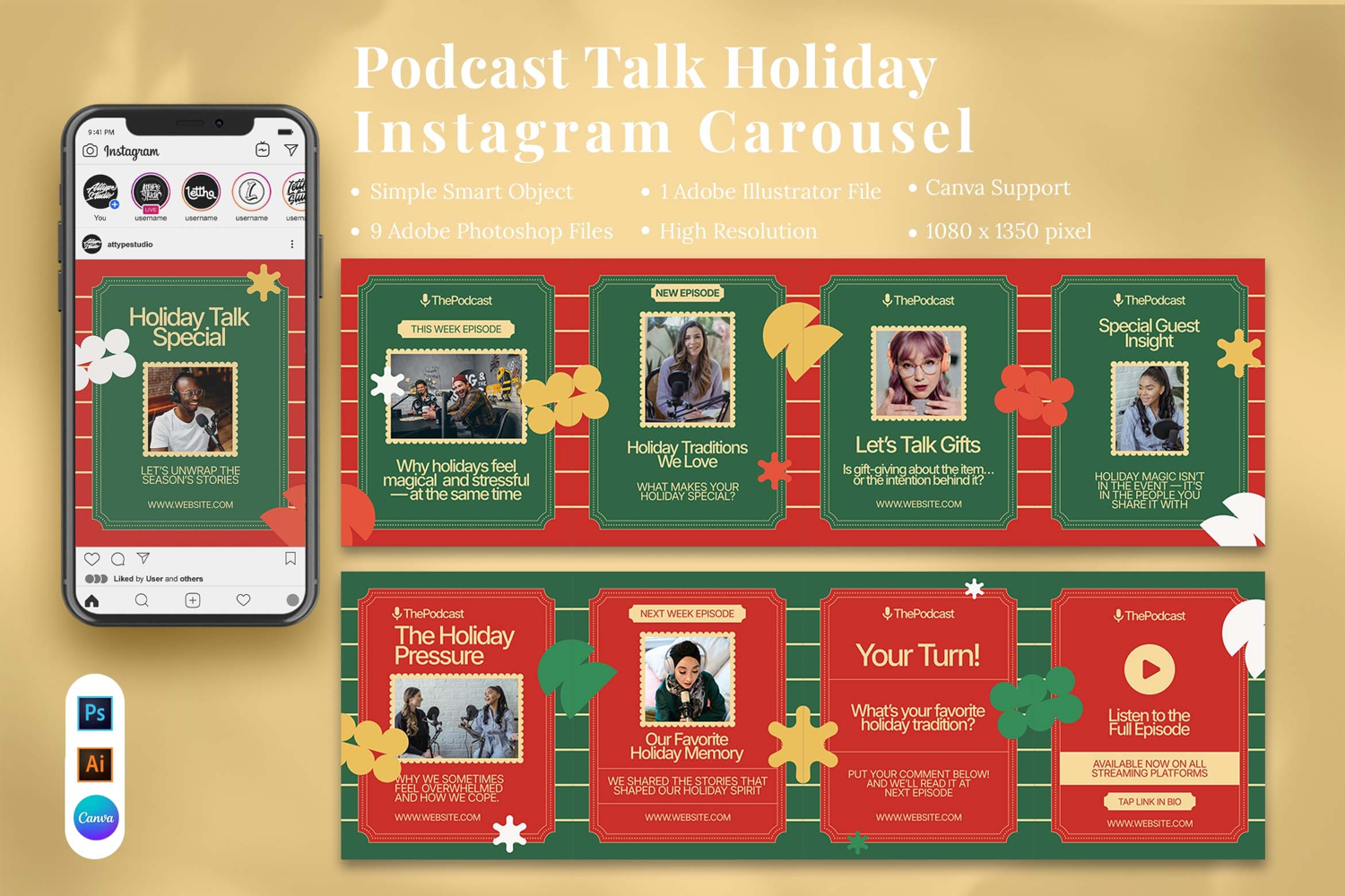 Podcast Talk Holiday Instagram Carousel & Canva Template product image 1