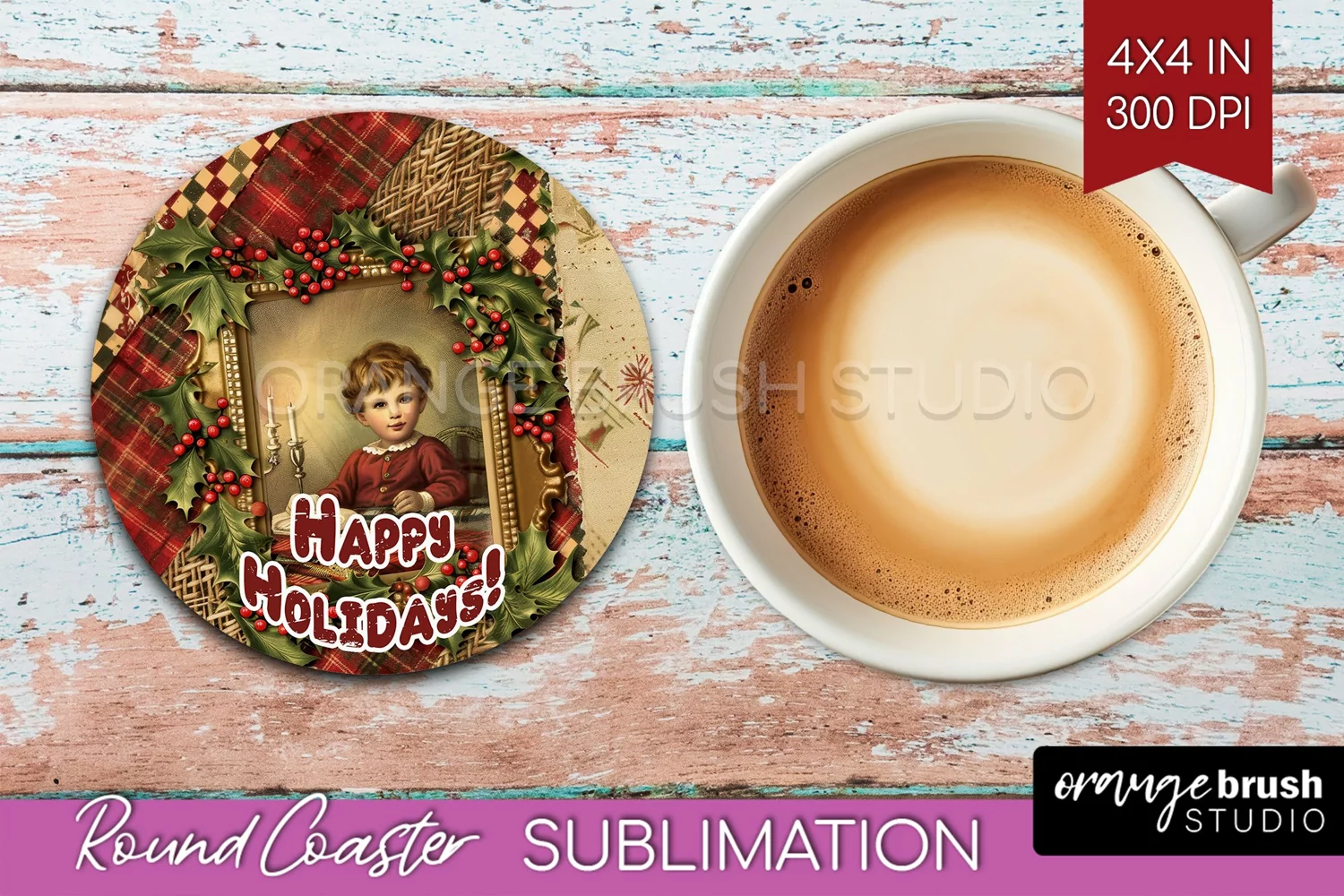 Vintage Christmas Round Coaster - Xmas Coaster Sublimation product image 1