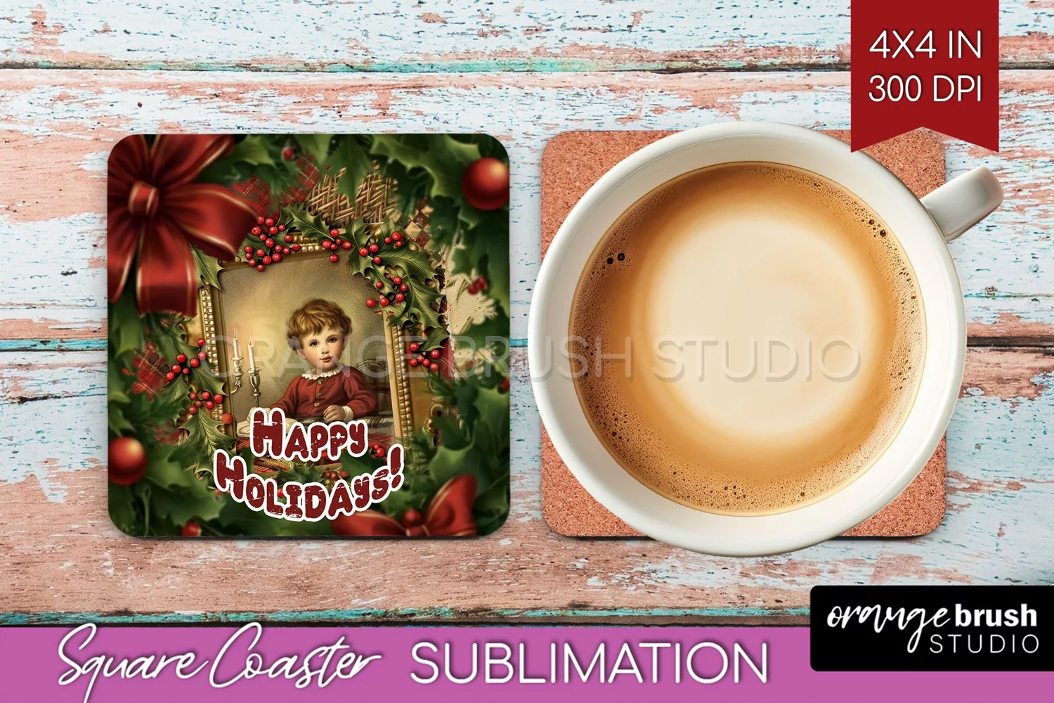 Vintage Christmas Square Coaster - Xmas Coaster Sublimation product image 1