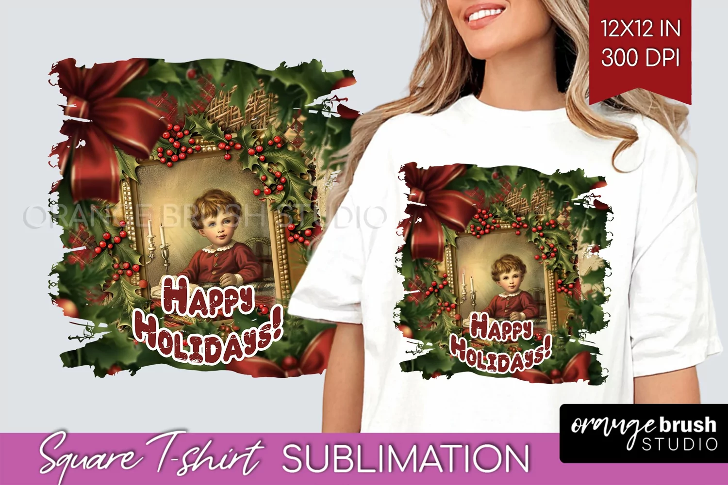 Vintage Christmas Sublimation, Xmas Square Tshirt Background product image 1