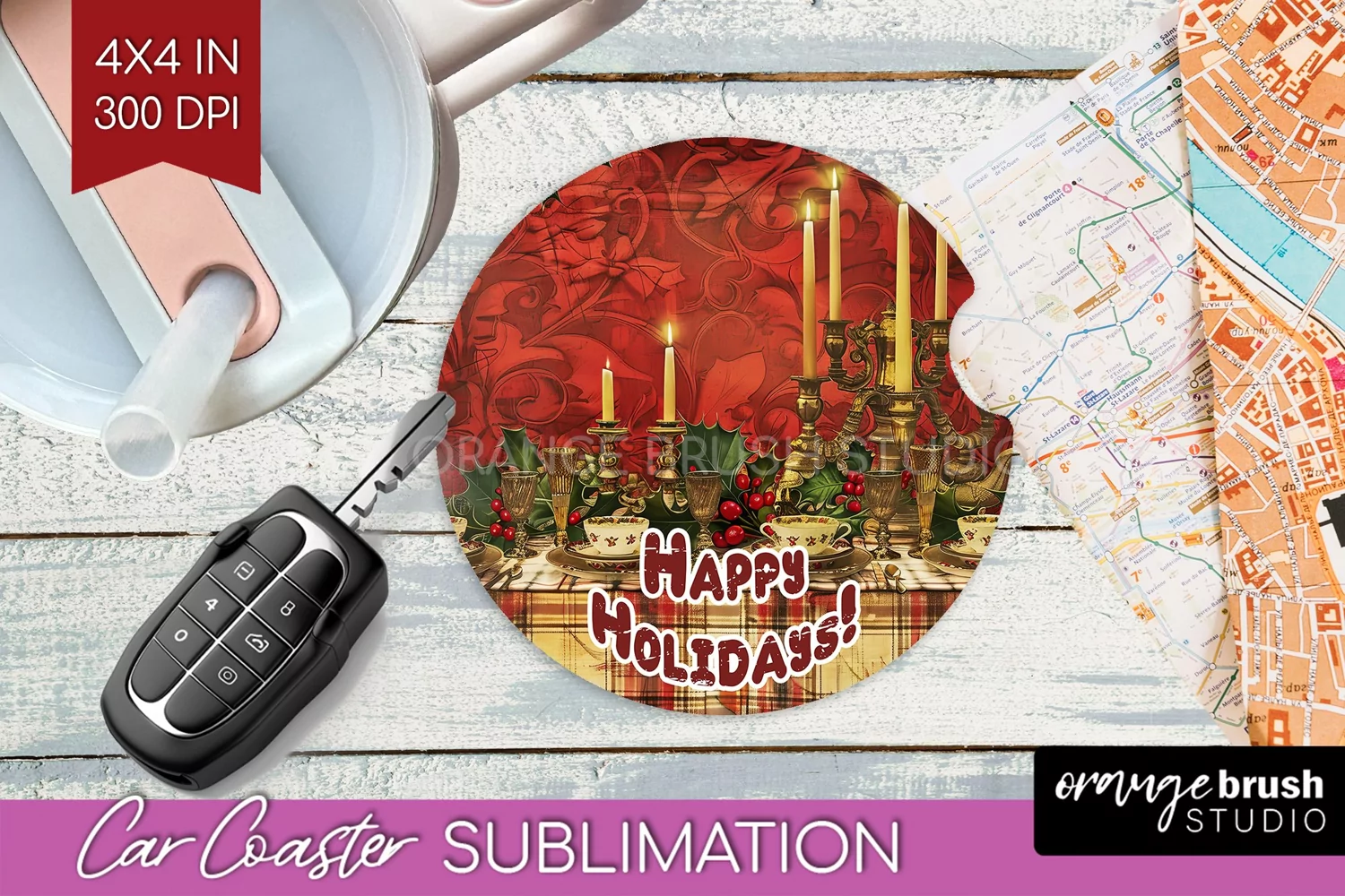 Vintage Christmas Car Coaster PNG - Xmas Coaster Sublimatoin product image 1
