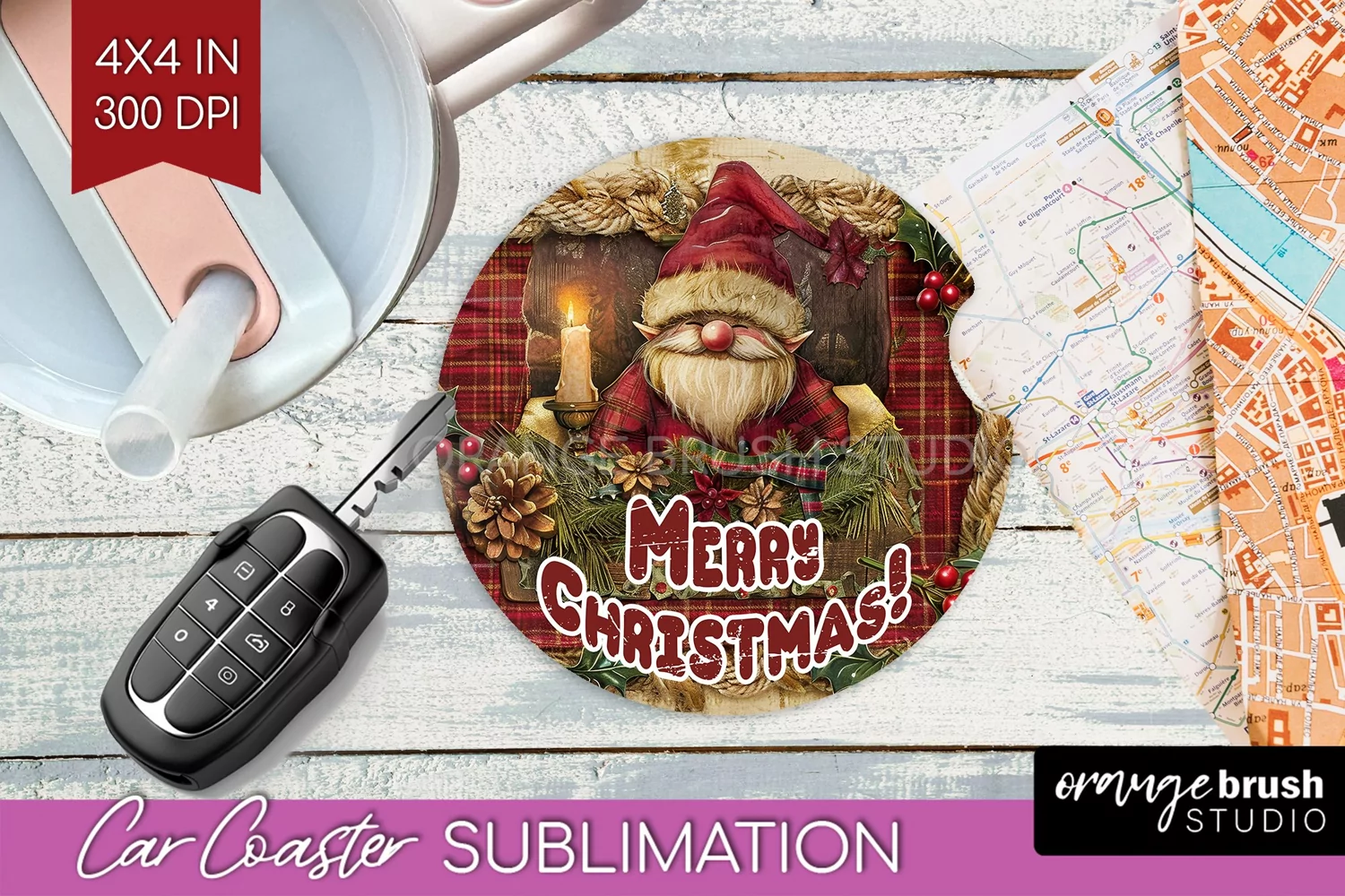 Vintage Christmas Car Coaster PNG - Xmas Coaster Sublimatoin product image 1