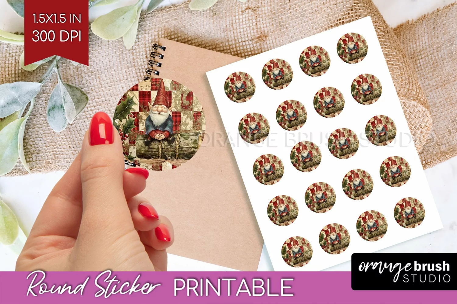 Vintage Christmas Round Sticker - Retro Printable Stickers product image 1