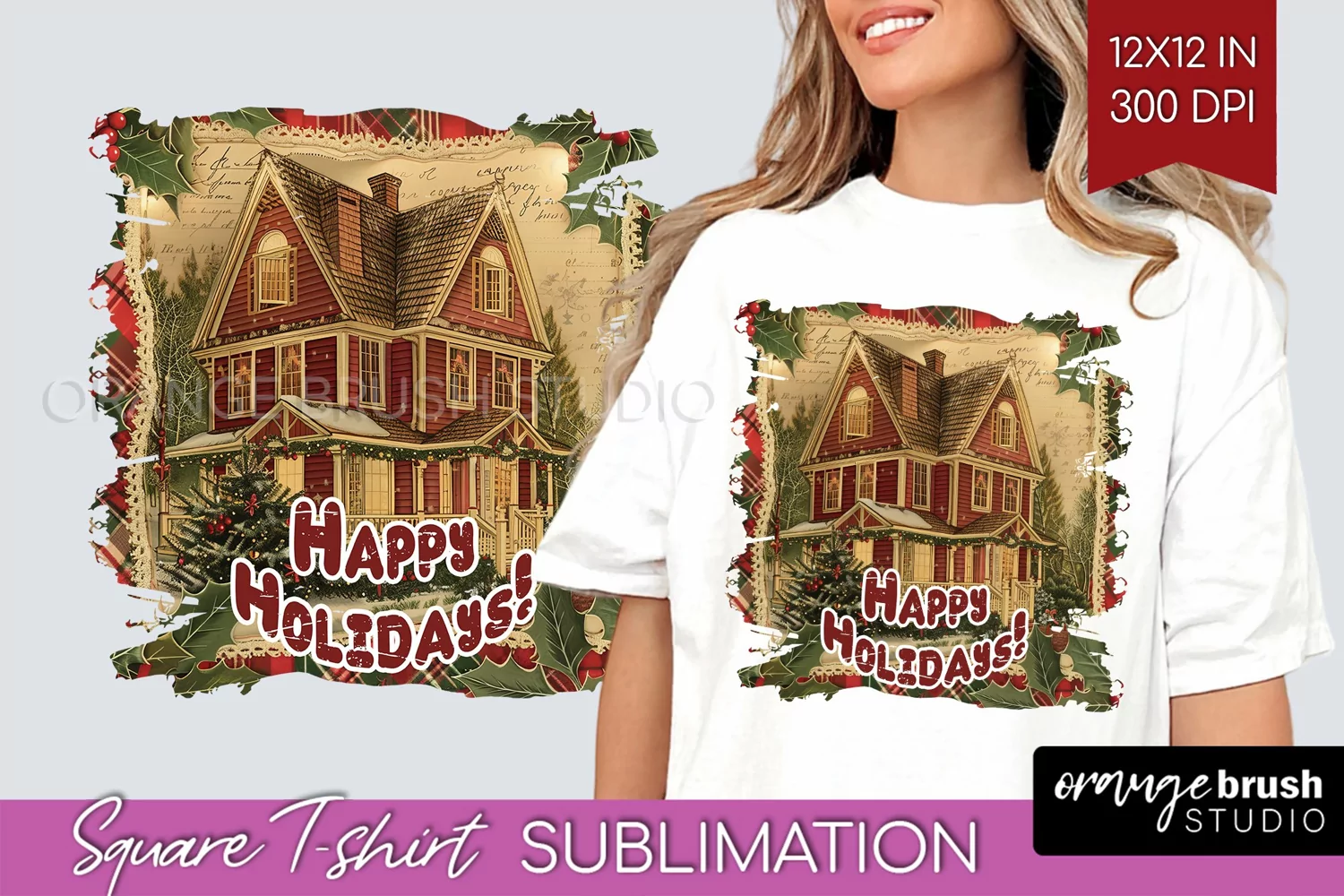 Vintage Christmas Sublimation, Xmas Square Tshirt Background product image 1
