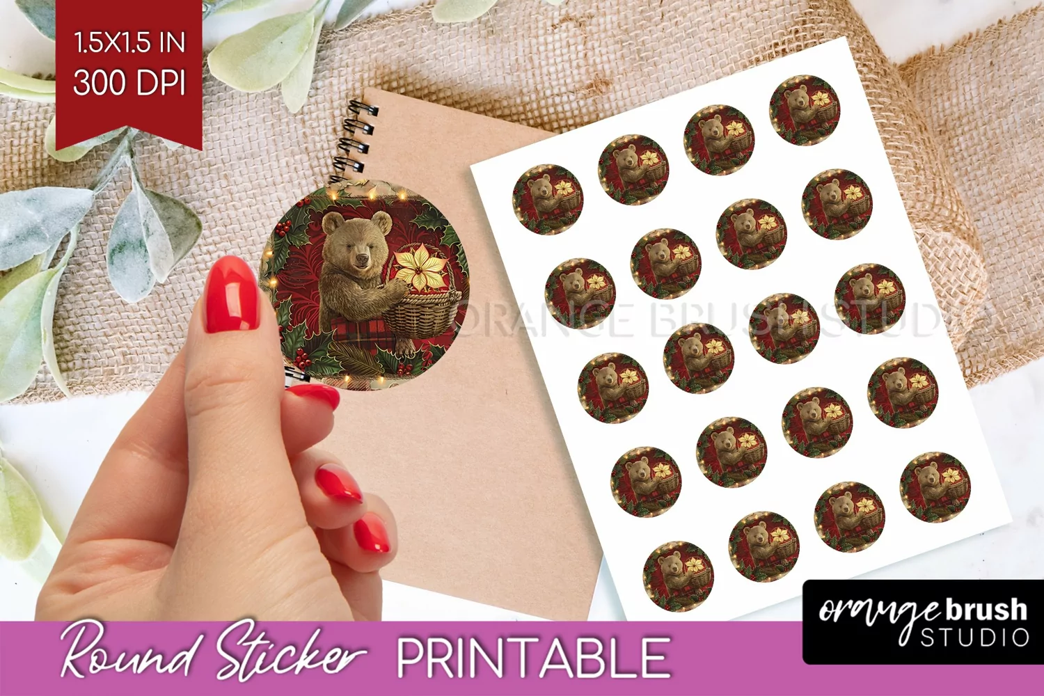 Vintage Christmas Round Sticker - Retro Printable Stickers product image 1