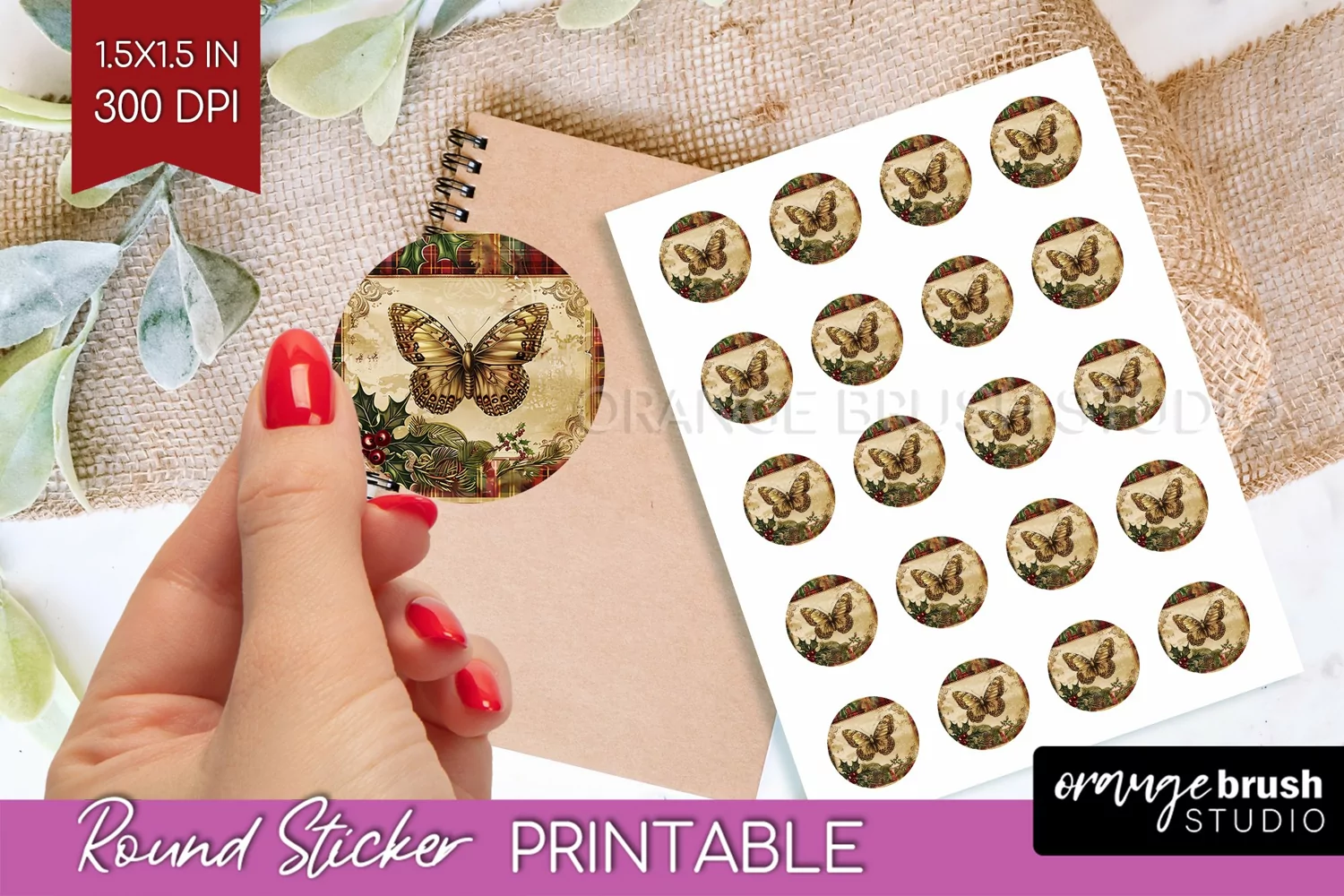 Vintage Christmas Round Sticker - Retro Printable Stickers product image 1