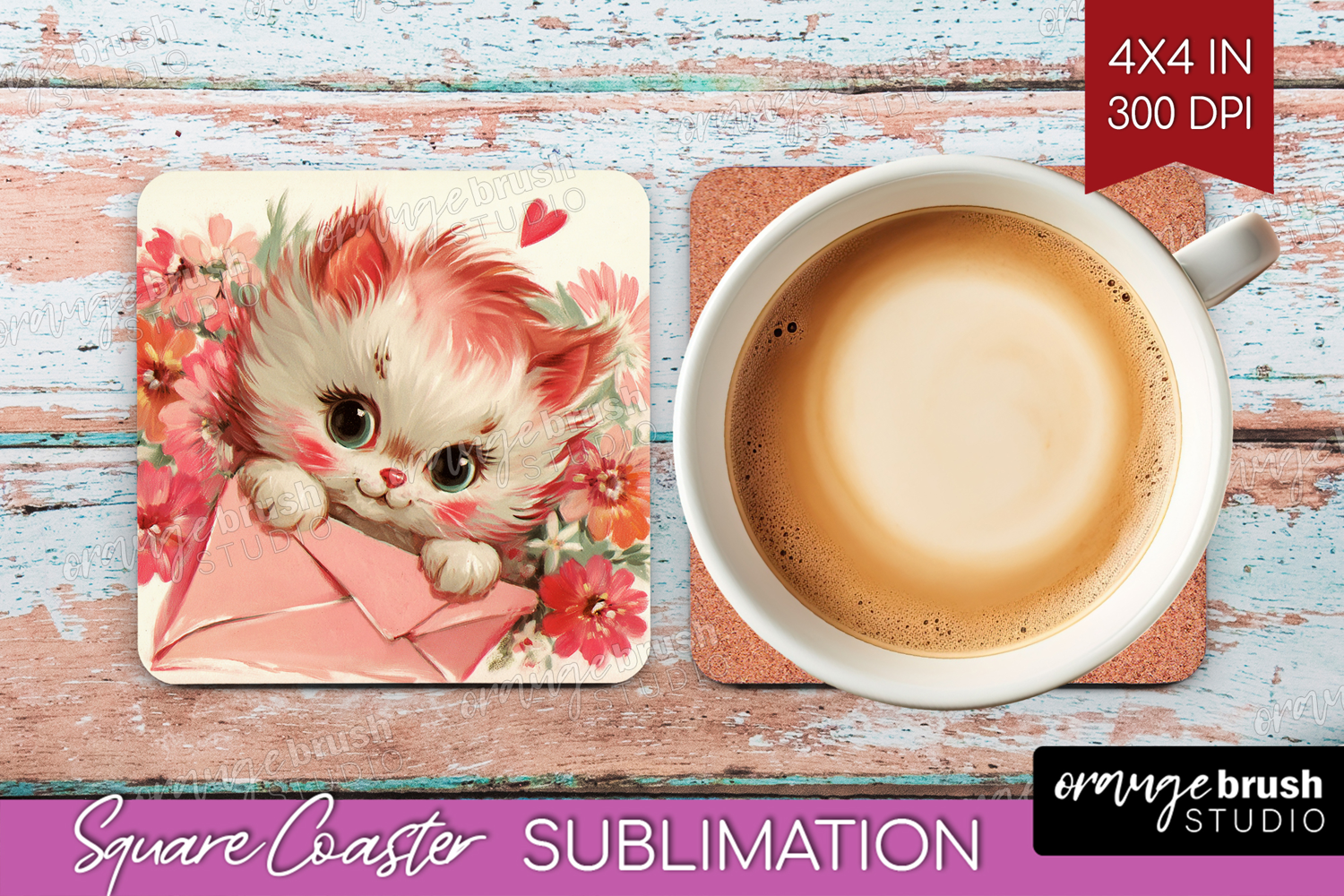 Vintage Valentines Day Square Coaster - Retro Animal Coaster product image 1
