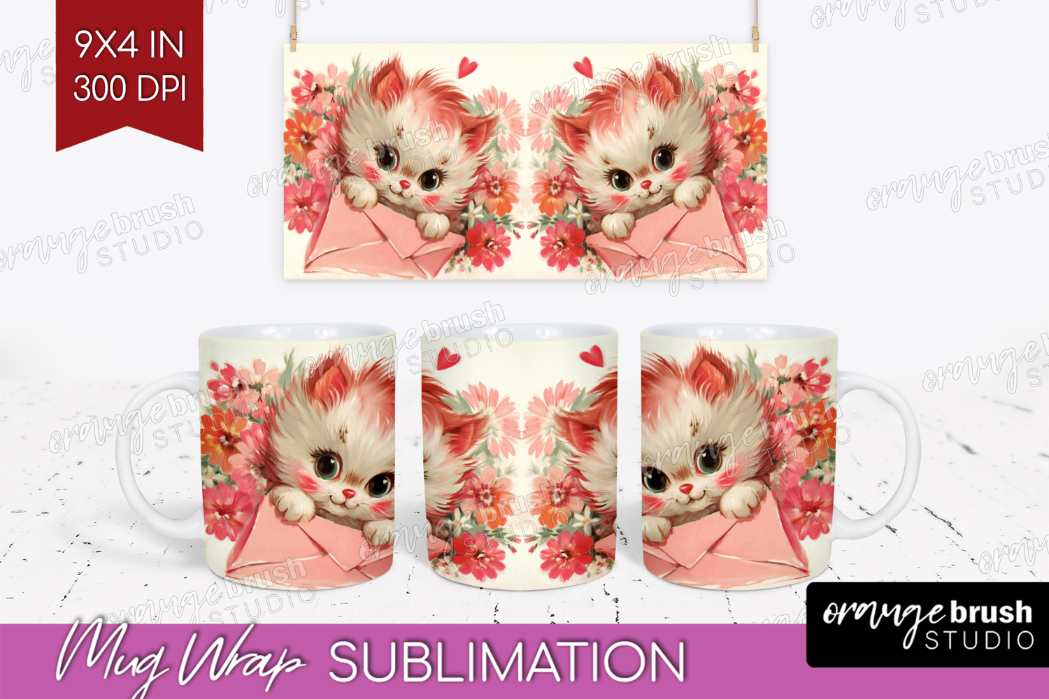 Vintage Valentines Day Mug Wrap - Retro Animal Mug PNG product image 1